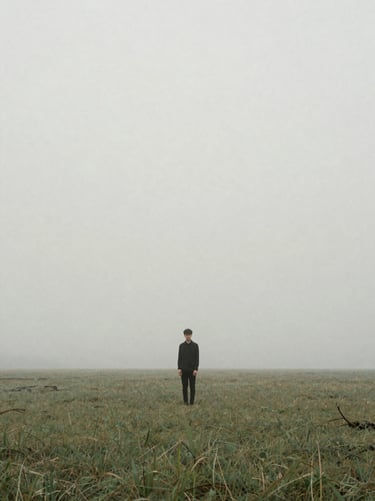 Minimalist editorial photography of a solitary figure standing in an expansive misty landscape, soft diffused overcast daylight, muted natural tones, medium format film, 80mm.