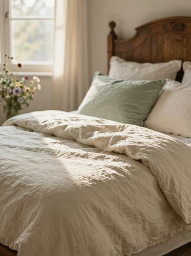 A serene bedroom with layered linen bedding in soft cream and sage green, a vintage wooden headboard, and wild flowers, soft morning light, shallow depth of field