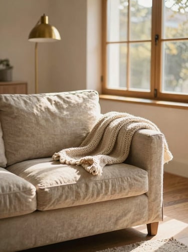 A sun-dappled living room corner with a linen slipcovered sofa, knitted wool blankets, and brass floor lamp, warm-toned wood, shallow depth of field