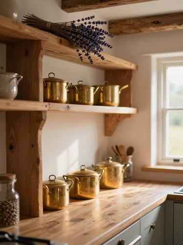 A cozy cottage kitchen with open wooden shelving, brass pots, and dried lavender hanging from a beam, soft morning light, shallow depth of field