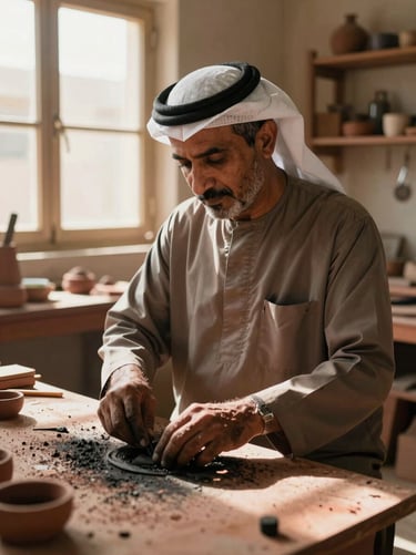 A warm, authentic portrait of a craftsman at work in a Middle Eastern / Gulf workshop, natural sunlight pouring in from a window. The style is cinematic and spontaneous, utilizing charcoal and burnt terracotta tones.