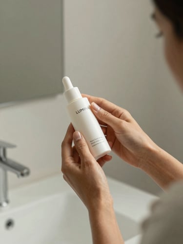 A lifestyle photograph for the Lumina brand campaign. A person in a modern North American / US home is seen in soft focus, using the skincare product. The overall atmosphere is serene and professional, featuring a palette of Off-White and Soft Sage.