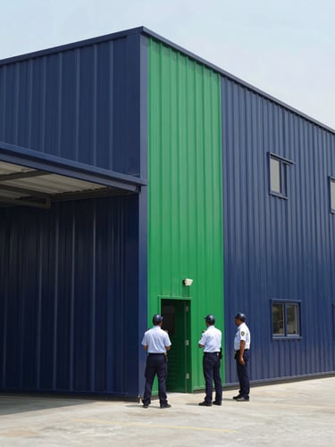 Active maintenance work and alert security personnel at a modern industrial warehouse facility in India, natural daylight, clean architectural framing, 35mm