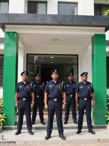 Uniformed security guards standing at a modern apartment complex entrance in India, bright daylight, clean framing, 35mm