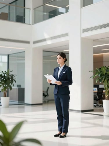 Professional housekeeping supervisor inspecting a pristine modern corporate office lobby, bright natural daylight, clean framing, 35mm