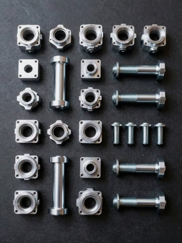 Overhead flat-lay of machined aluminum components and steel fasteners arranged in rows on a dark matte surface, studio strobe lighting, crisp focus, specification-documentation framing