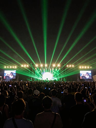 Wide-angle festival stage perspective, green laser fans spreading over a massive dark crowd silhouette, hazy night atmosphere.