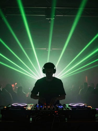 High-contrast silhouette of a DJ performing behind glowing decks, intense green laser beams cutting through thick haze, nocturnal club setting.
