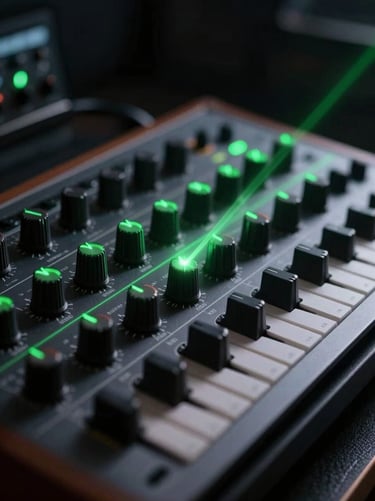 Close-up of professional modular synthesizer dials glowing under sharp green laser light, deep shadows, dark studio environment.