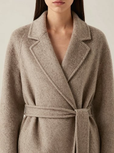 Editorial portrait of elegant women's wool wrap coat in warm taupe, soft studio drape