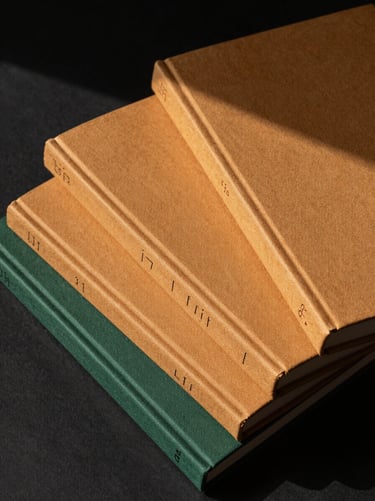 Close overhead flat-lay of three finished hardcover books stacked at slight angles on a dark desk, warm ochre and forest-green spines facing up, natural side-light casting soft shadows across the covers