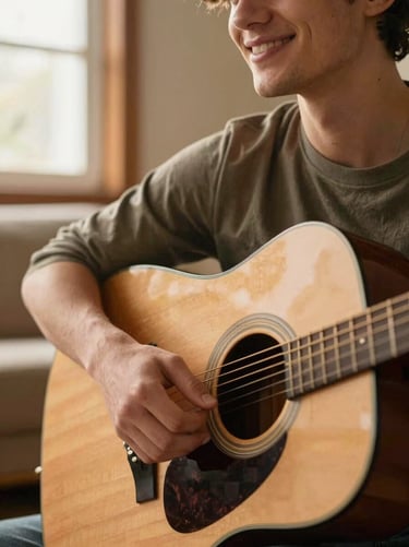 Close-up of a smiling young man in a cozy living room holding an acoustic guitar, warm lighting, natural look, shallow depth of field, 35mm