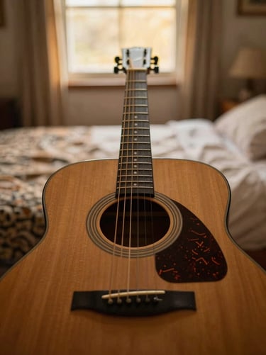 First-person perspective of holding an acoustic guitar in a cozy bedroom, warm editorial photography, rich wooden textures