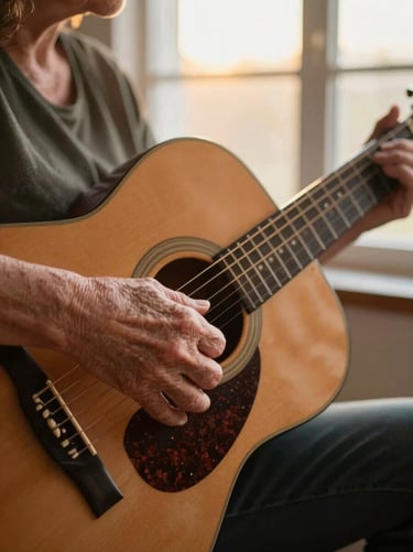 Close-up of hands of an older woman pressing chords on an acoustic guitar fret, soft golden-hour window light, warm wooden tones, 35mm