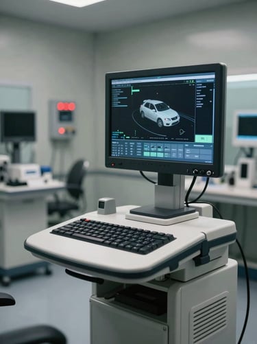 An organized, clean computerized diagnostic bay with a diagnostic scanner displaying real-time vehicle telemetry, cool-toned workshop background with subtle red accent lights.