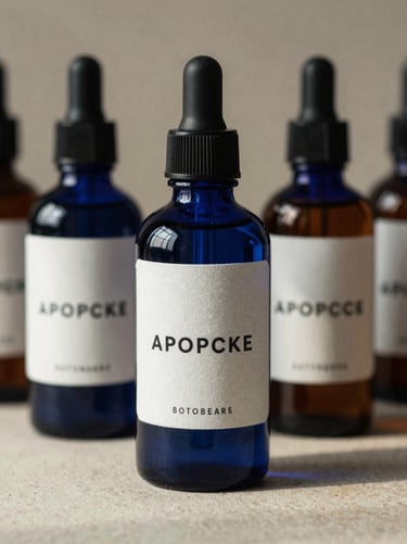 Bespoke packaging design for a premium apothecary brand, deep navy glass bottles, textured paper labels, hard natural light.