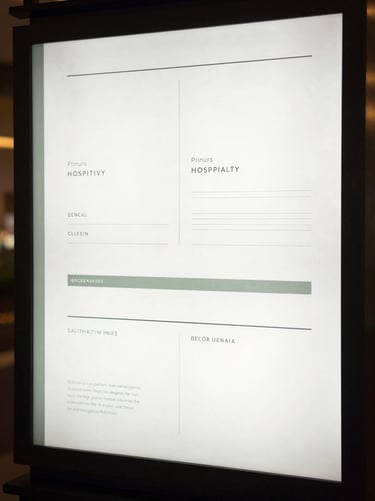 Clean modern signage and stationery system for a luxury hospitality venue, crisp white paper, muted sage accents, structured layout.