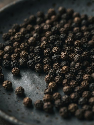 Macro shot of whole textured black peppercorns on a dark gray ceramic dish, moody low-key natural side-light, 35mm