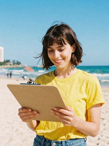 Candid portrait of a woman looking organized and cheerful, holding a clipboard, bright resort background.
