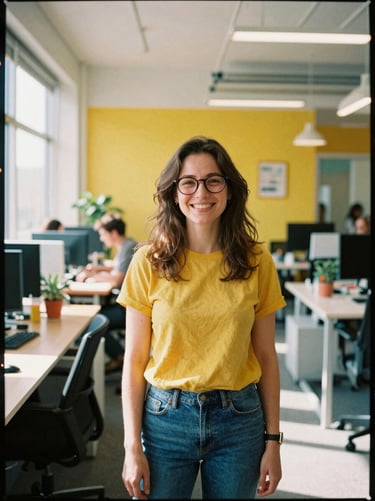 Candid portrait of a smiling woman with glasses in a vibrant modern office, warm natural light, 35mm film feel.