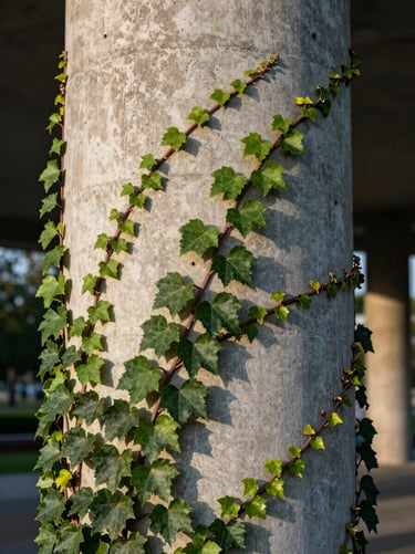 Portrait orientation of an architectural concrete column wrapped in climbing ivy, soft morning light.
