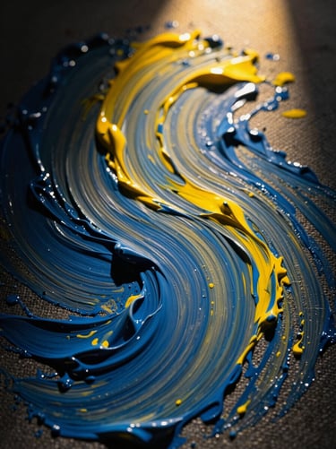Macro close-up of thick, swirling blue and yellow oil paint brushstrokes on canvas, dramatic spotlighting, deep shadows.