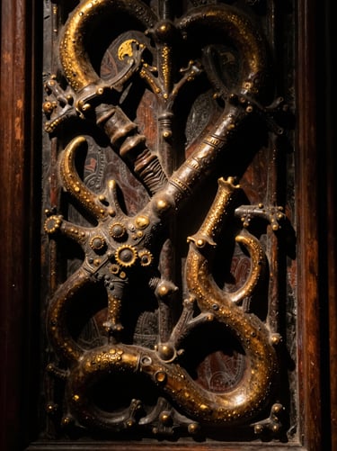 Intricate macro detail of a medieval triptych panel, bizarre organic shapes, dark rich pigments under a single warm beam of light.