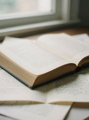 An old hardcover book resting on a bed of handwritten manuscripts and letters, dramatic natural window light, shallow depth of field, 35mm film