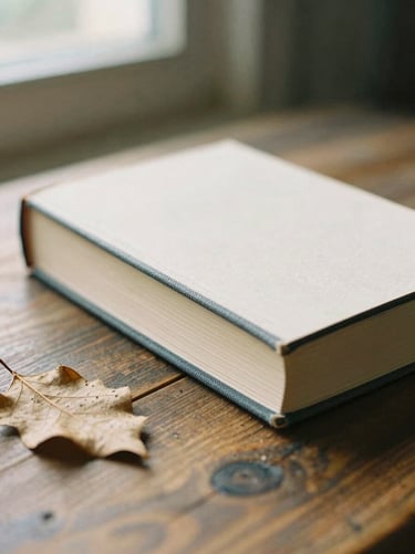 A closed hardcover book with a textured cloth spine resting on a rustic wooden table next to a dried leaf, soft side lighting, warm tones, 35mm film