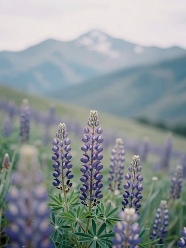 A close-up vertical photograph of a field of purple lupines swaying in the wind on a North American / US mountain slope, soft focus background of distant peaks, serene and sophisticated aesthetic with light mint and sage colors.