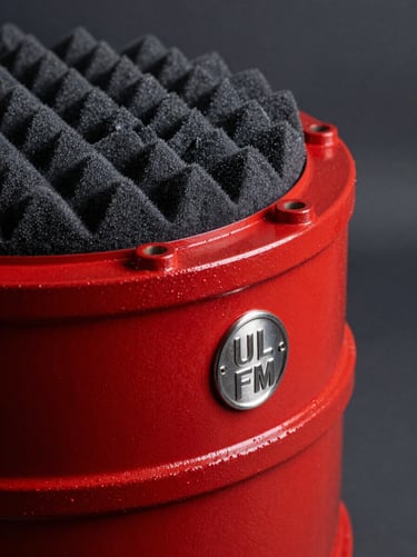 Sharp industrial product photography of a heavy-duty red steel foam chamber, close-up on welded flanges and the physical UL/FM metal certification stamp, high-contrast studio lighting, deep slate tones, 50mm.