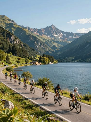 A line of cyclists riding along a sparkling lakeside road at golden hour, wide environmental shot showing towering peaks in the distance.