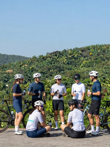 A small group of smiling riders in matching activewear taking a break on a scenic overlook, holding water bottles, bright natural daylight.