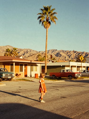 Warm retro 35mm film photograph of 1970s Lansing Michigan and 1980s Texas, vintage warm colors, nostalgic childhood scene.