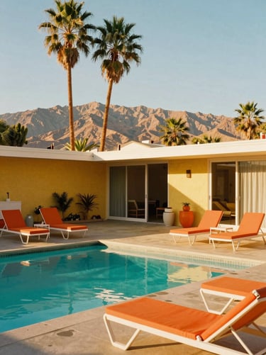 Bright Palm Springs mid-century modern house with turquoise pool, orange lounge chairs, tall palms, high-contrast desert sun, 35mm.