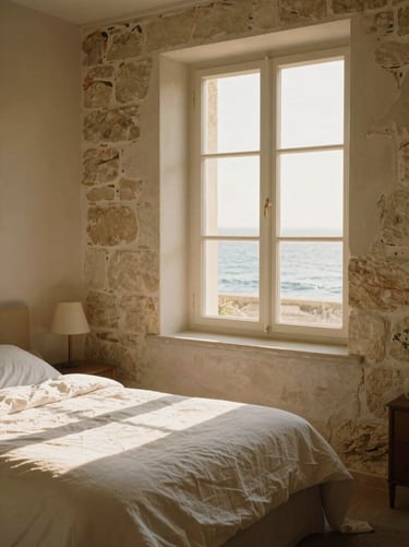 Sunlight streaming through a tall window onto white linen bedding and exposed stone walls in a minimalist bedroom