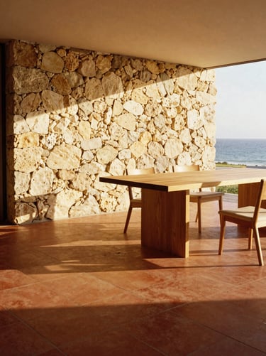 Warm terracotta tiled floor in a modern living space with stone walls and a minimalist oak dining table