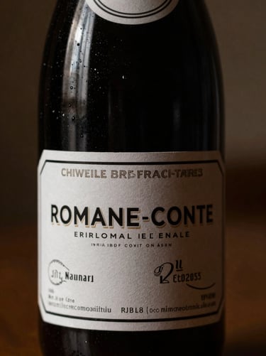 Macro photo of Romanée-Conti vintage wine bottle label, dusty glass, low-key chiaroscuro lighting