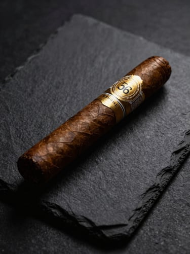 Premium Cohiba Behike 56 cigar resting on a dark slate tray, textured tobacco leaf, moody luxury photography