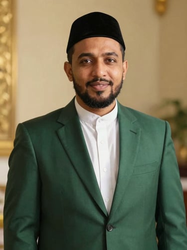 Portrait of a professional male Islamic legal consultant, wearing a neat suit and peci, confident and trustworthy expression.