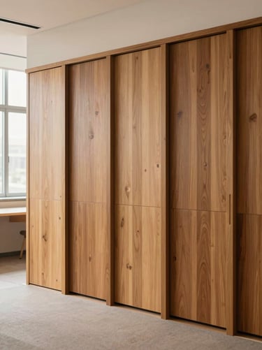 Modern wooden partition wall in a clean office interior, straight-on architectural shot, warm wood accents