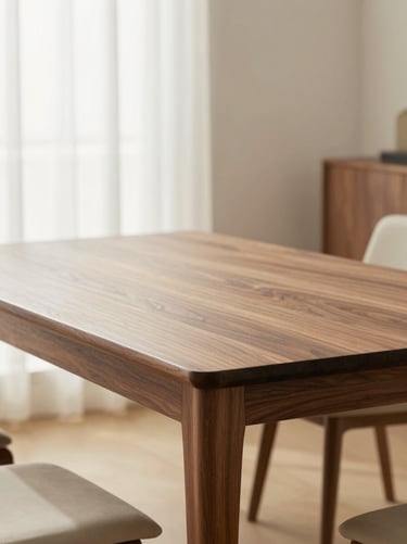 Bespoke walnut dining table with clean joinery lines, soft window light, warm editorial photography