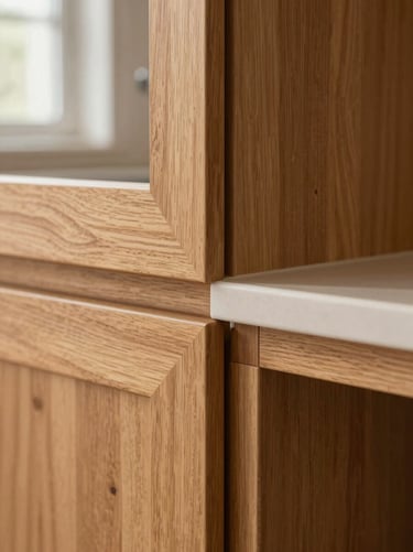 Close-up of a seamless wood joint on a modular kitchen cabinet, warm natural light, rich wood grains, shallow depth of field