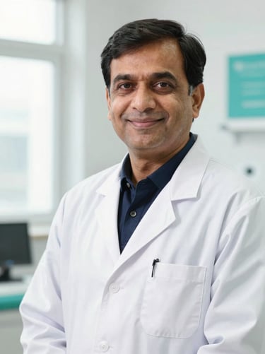 Professional portrait of Dr. A. K. Singh, an experienced male Indian skin specialist in a clinical setting, wearing a lab coat, friendly and trustworthy expression, 35mm