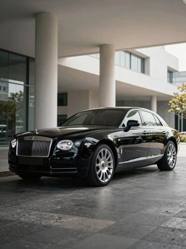 Cinematic photography of a sleek black luxury vehicle parked under the portico of a modern museum. Reflections of white pillars on the car's surface. High-key lighting accents. Global / Hispano urban context. Elegant and powerful.