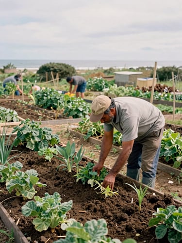 An organic community garden with diverse coastal crops, a local farmer tending to the soil under soft overcast daylight, authentic documentary style