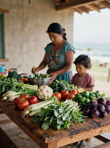 A community kitchen in Ecuador with fresh local vegetables on a wooden table, a mother and child in the background, warm natural light