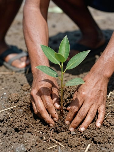Close-up of hands planting a young mangrove sapling in wet coastal soil, rich earthy tones, natural daylight, 35mm film