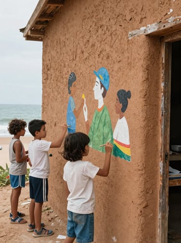 Local children and youth painting a mural on a clay-colored wall in a coastal village workshop, soft natural light, documentary style