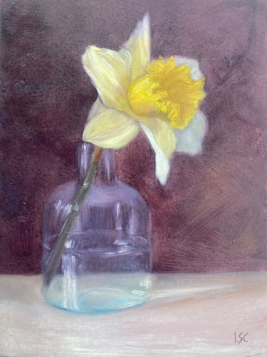 An original oil painting of a single daffodil in a small glass vase